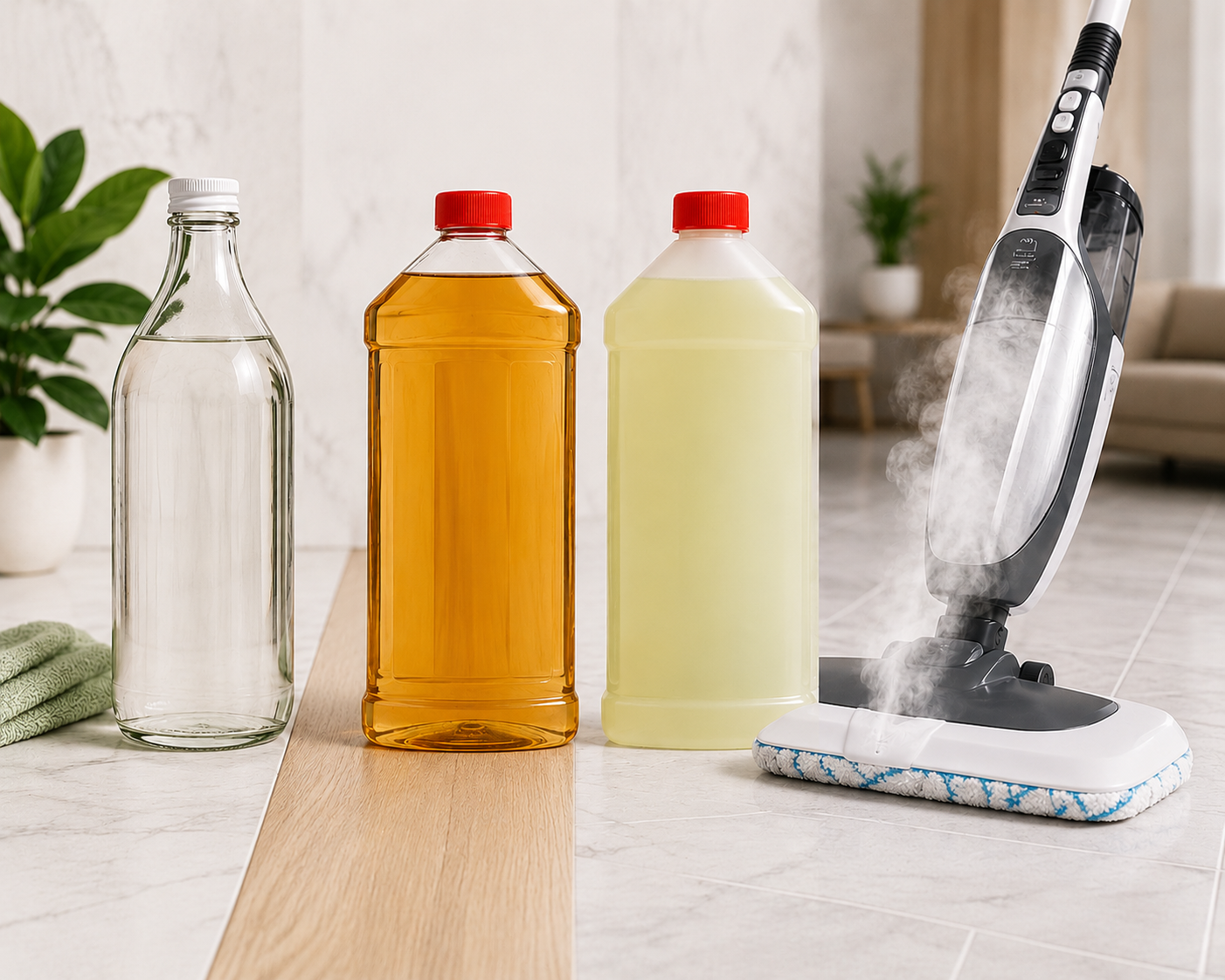Eco-friendly cleaning sprays and cloths on a counter